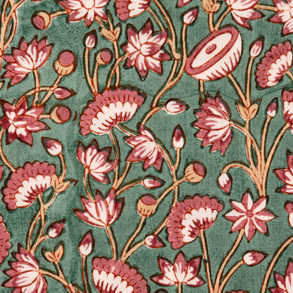 A close-up of a floral textile pattern featuring pink and burgundy flowers with brown stems on a muted green background.