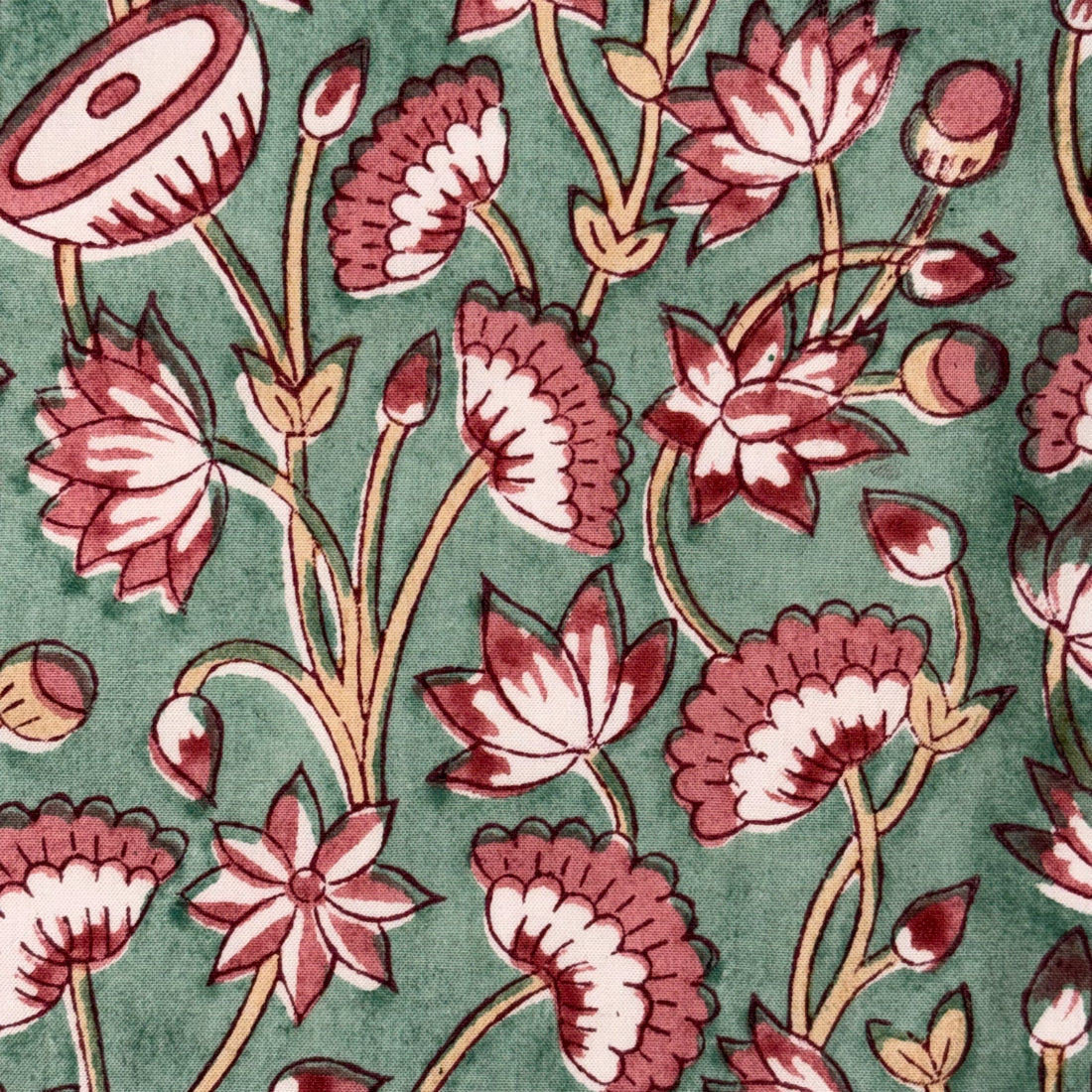 A close-up of a repeating floral pattern featuring pink and burgundy flowers with cream centers and tan stems on a muted sage green background.