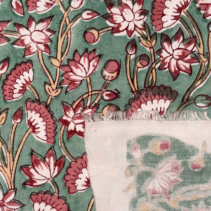 A close-up of a patterned textile or fabric with a sage green background, featuring pink and white lotus flowers with brown stems. A folded section at the bottom reveals a white backing with a matching printed floral design.