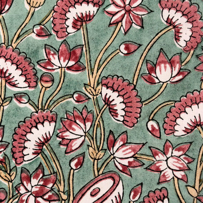 A close-up of a repeating floral pattern featuring pink and white flowers with gold outlines on a muted sage green background.