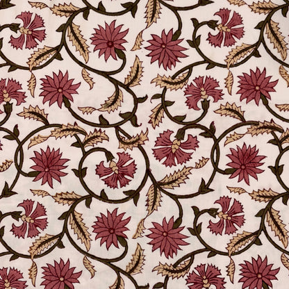 A close-up of a fabric pattern featuring dark brown scrolling vines and burgundy flowers on a warm cream background.