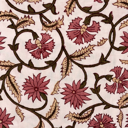 A close-up of a textile or wallpaper pattern featuring dark brown floral vines with burgundy and beige flowers on a light cream background.