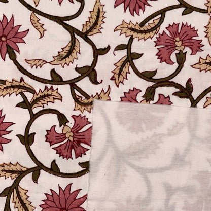 A close-up of a printed textile or fabric swatch with a cream background, dark brown vine and leaf motifs, and muted pink floral shapes. A folded section reveals the reverse side, which is a very light gray/off-white tone with a faint floral print.