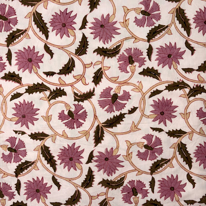 A close-up of a fabric or wallpaper pattern featuring repeating mauve-pink flowers and dark brown leaves on a warm off-white background, woven with tan scrolling vines.