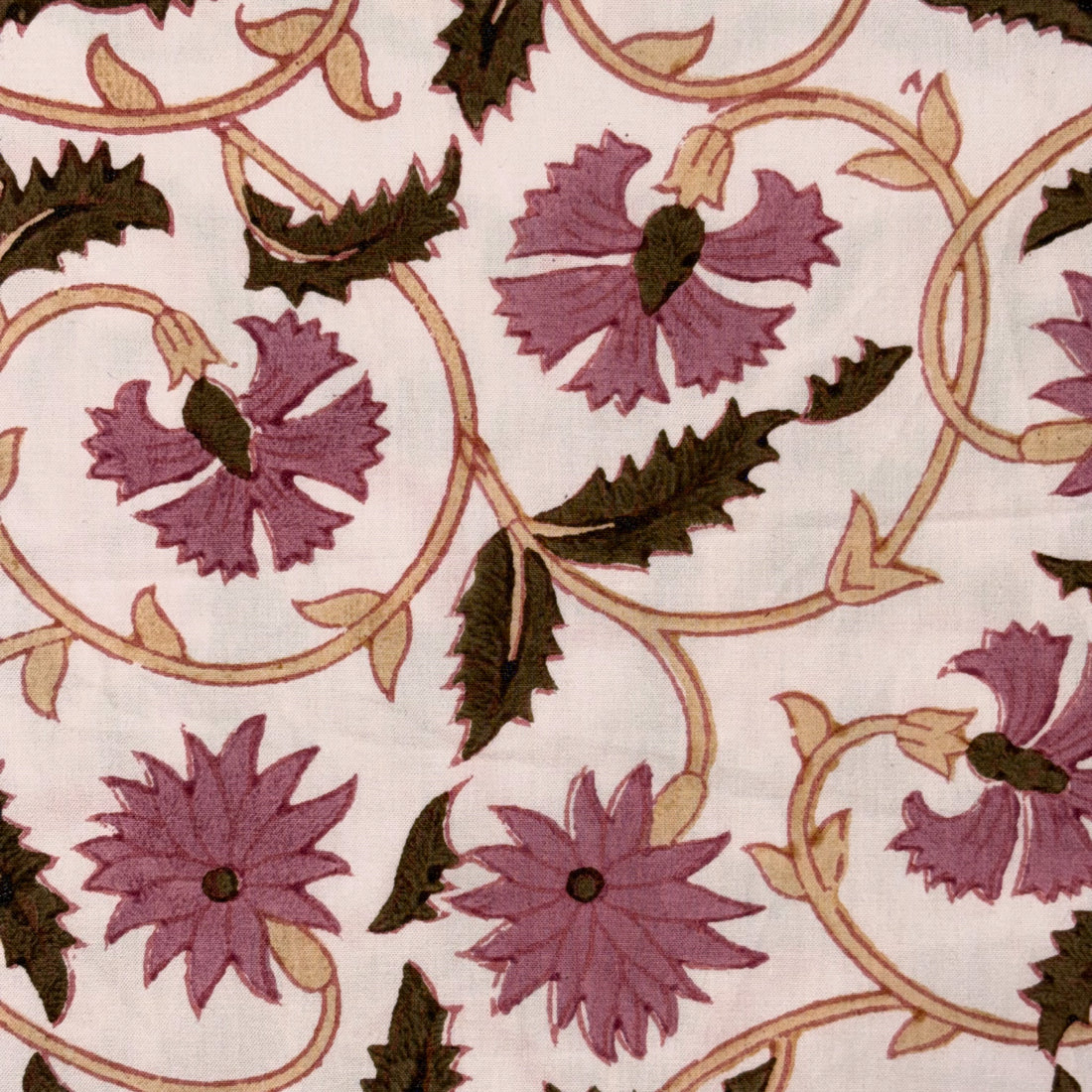 A close-up of a fabric or wallpaper pattern featuring purple flowers, dark green leaves, and tan scrolling vines on a light cream background.