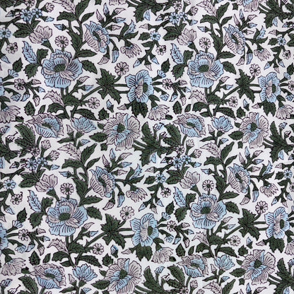 A close-up of a floral fabric pattern featuring light blue and lavender flowers with dark green leaves on a white background.