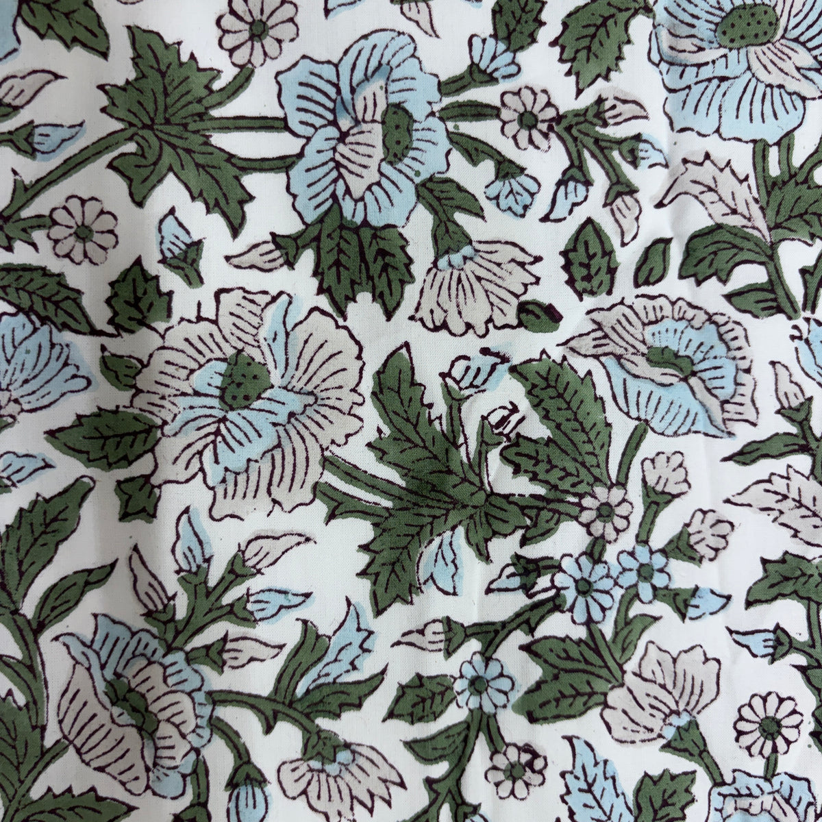 A close-up of a white fabric with a repeating floral pattern featuring light blue, dusty pink, and dark green flowers and leaves.