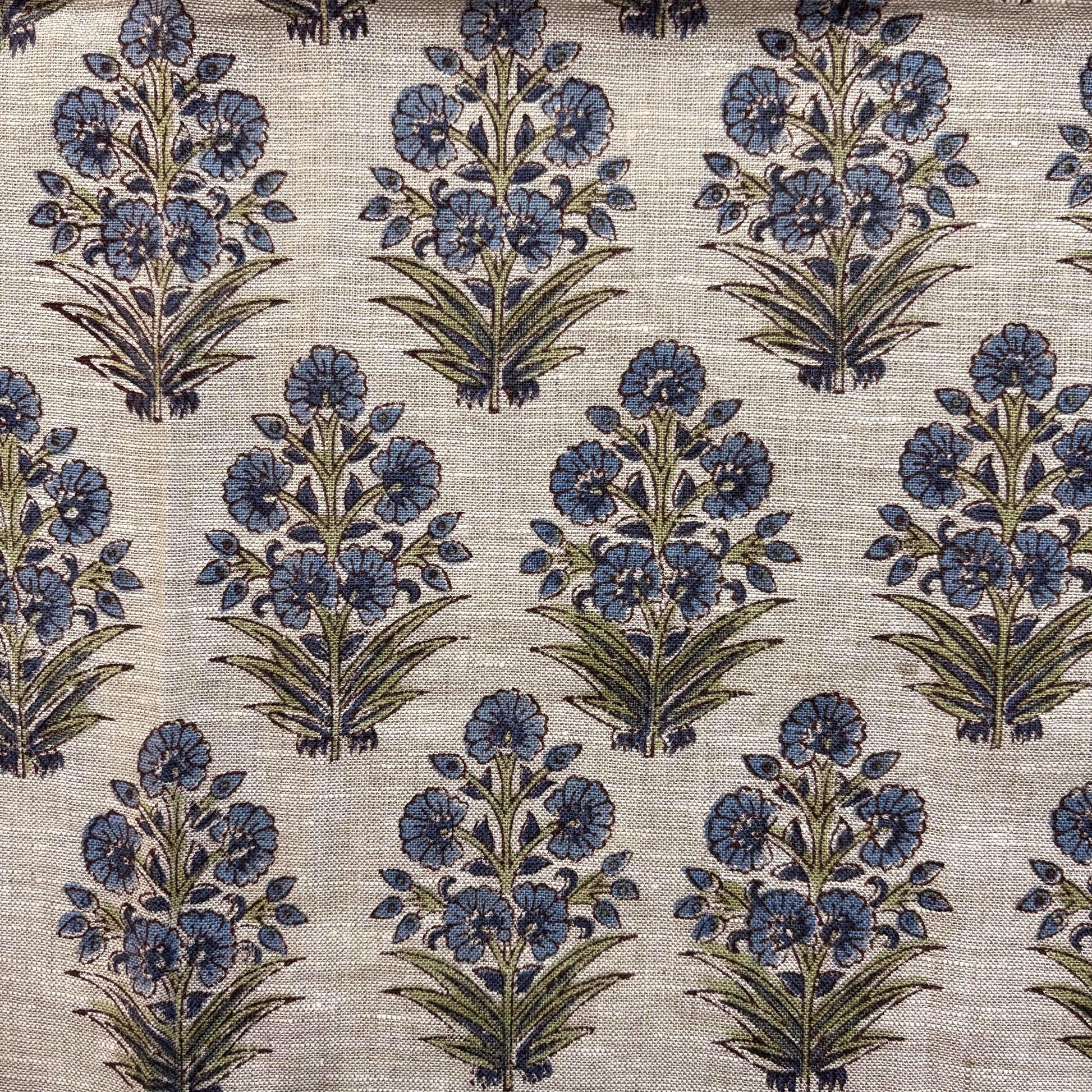 Patterned fabric with blue floral design on a grey background