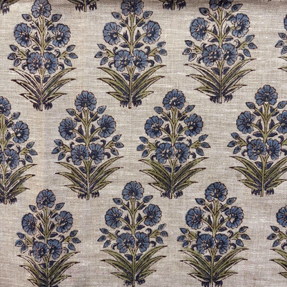 Patterned fabric with blue floral design on a grey background
