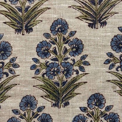 Patterned fabric with blue flowers and green leaves on a grey background