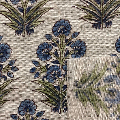 Close-up of floral fabric pattern with blue flowers and green leaves on a grey background
