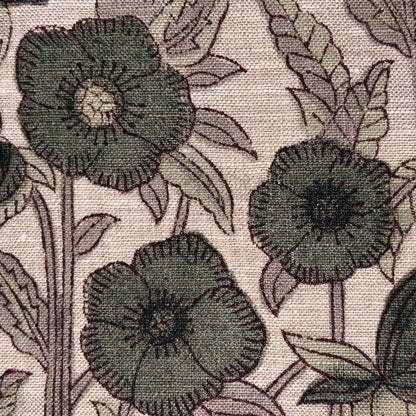 Close-up of a floral pattern with green flowers and leaves on a textured background