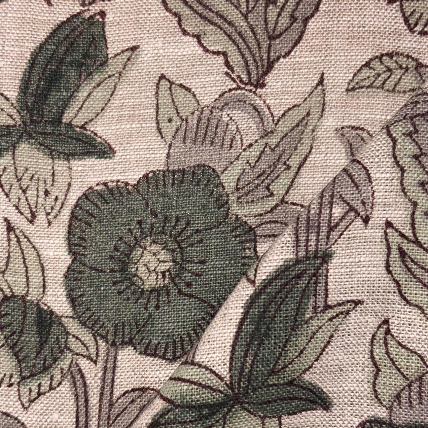 Close-up of a floral pattern with green flowers and leaves on a grey background