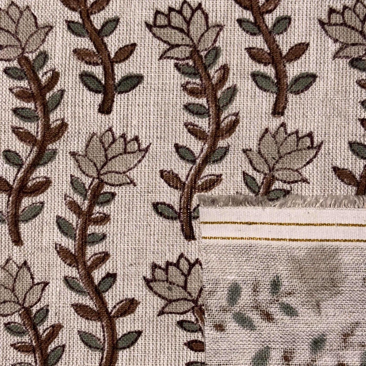 Close-up of embroidered fabric with floral pattern on grey background