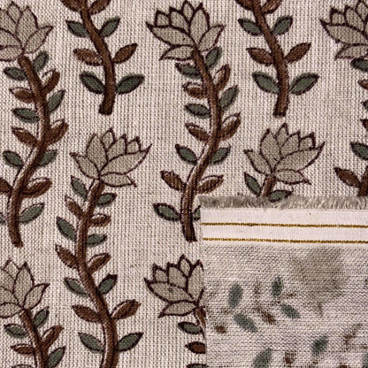 Close-up of embroidered fabric with floral pattern on grey background