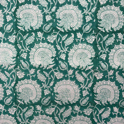 Patterned fabric with white floral design on a green background