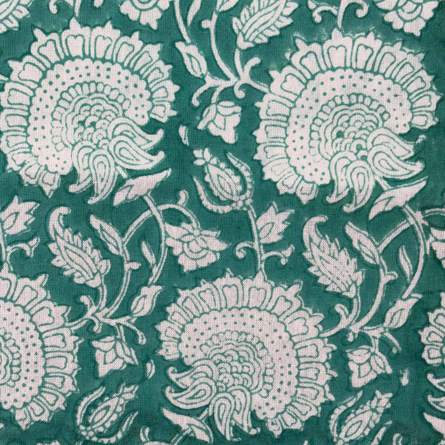 Teal fabric with white floral pattern