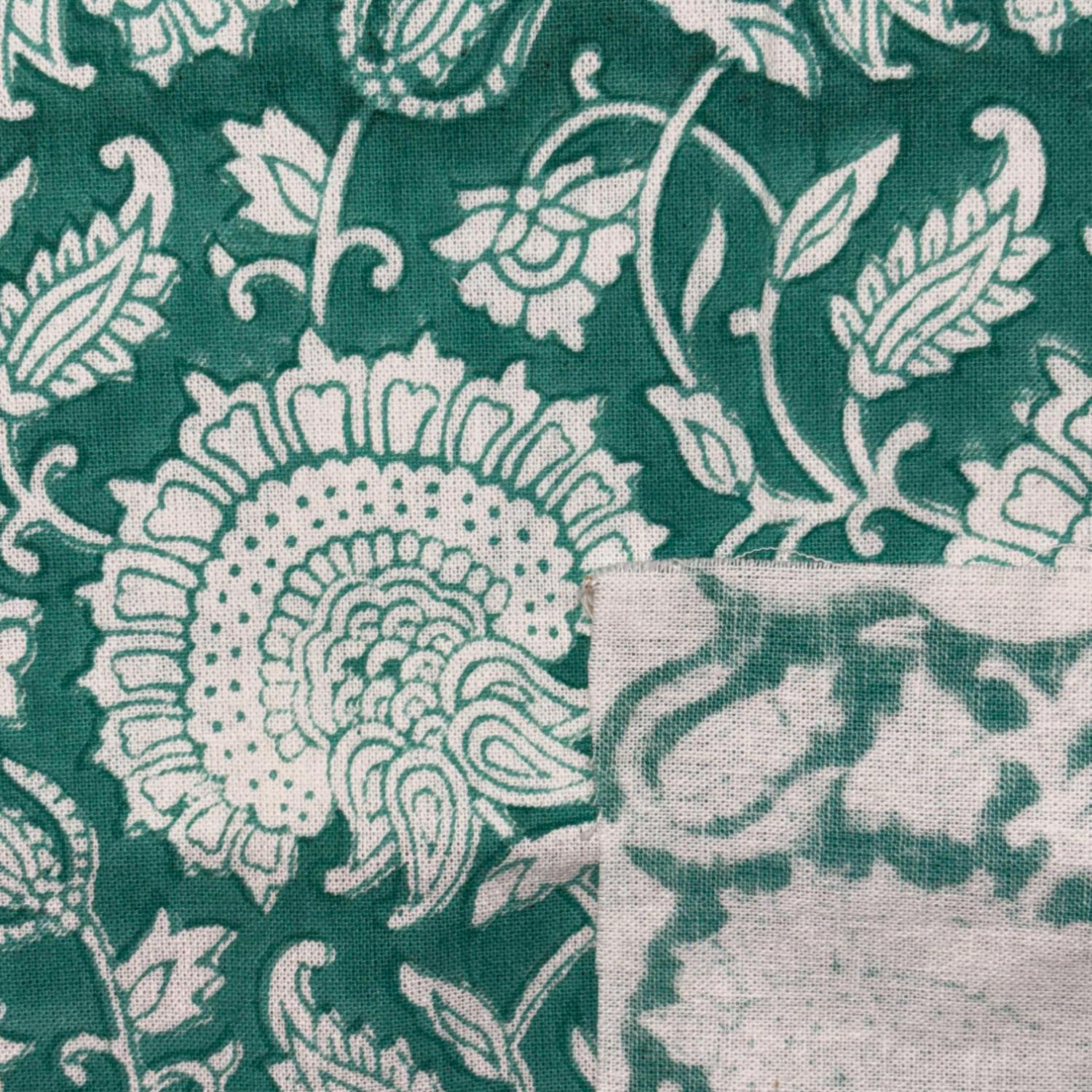 Close-up of green fabric with white floral pattern