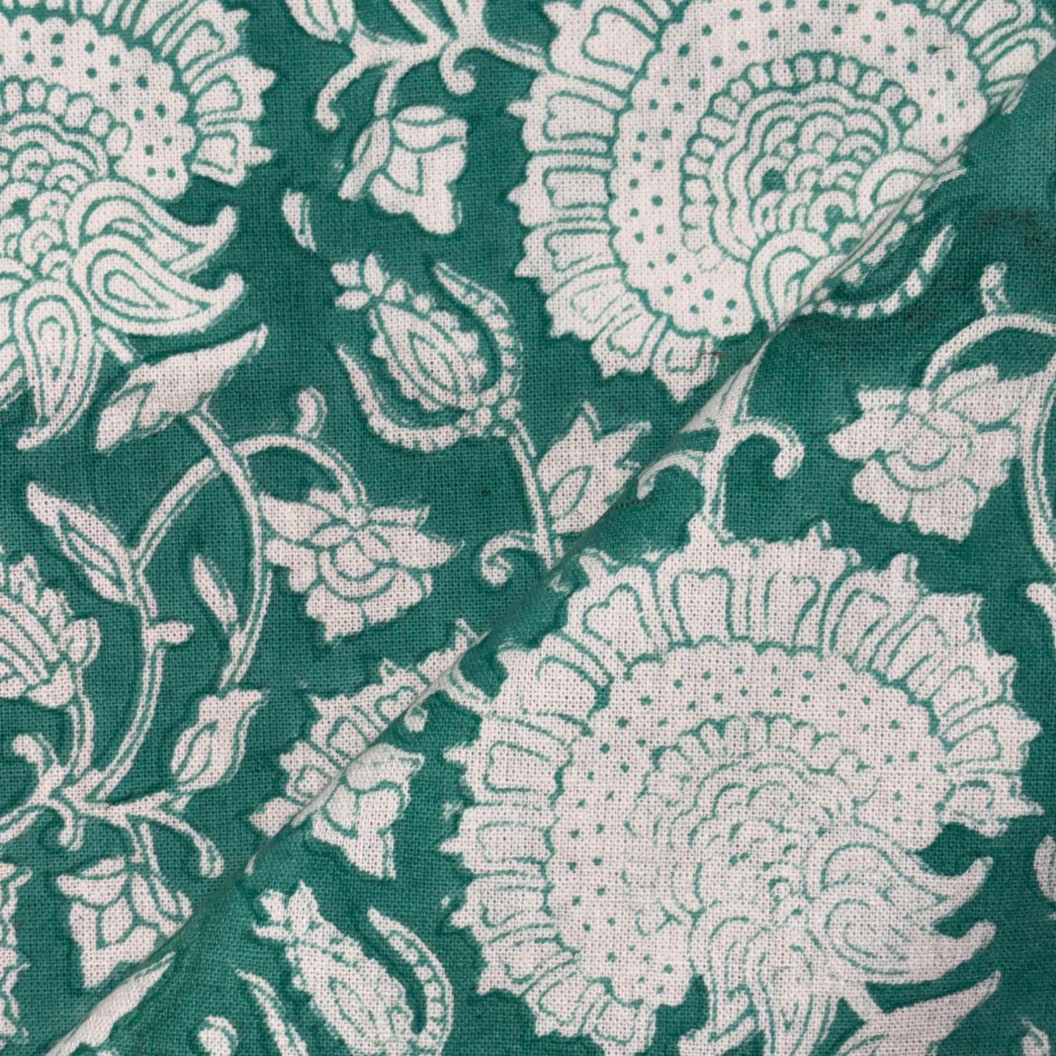 Close-up of green fabric with white floral and paisley pattern