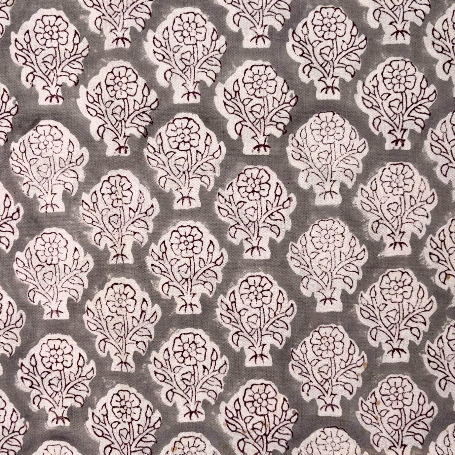 Patterned fabric with white floral designs on a gray background