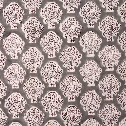Patterned fabric with white floral designs on a gray background