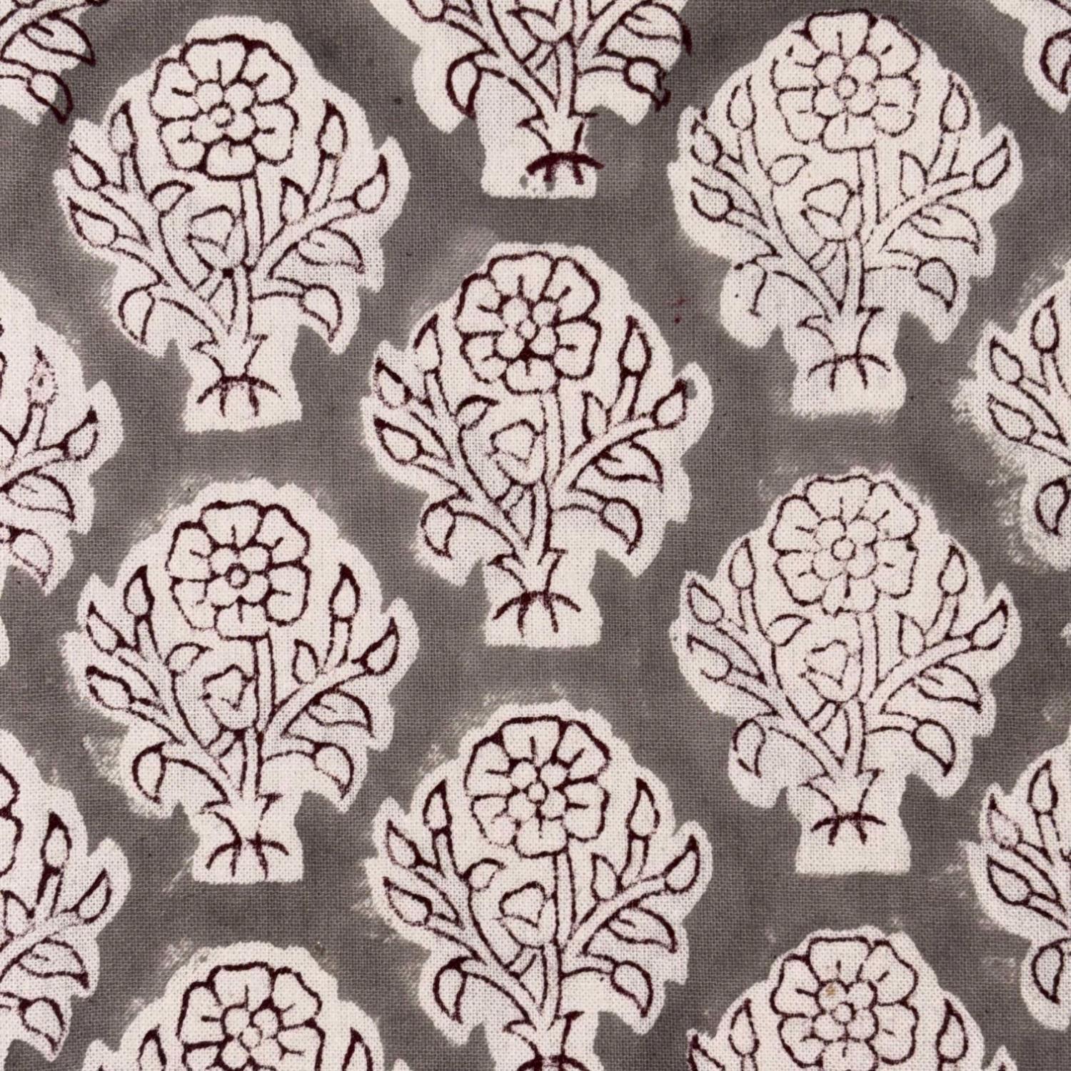 Patterned fabric with floral designs on a gray background