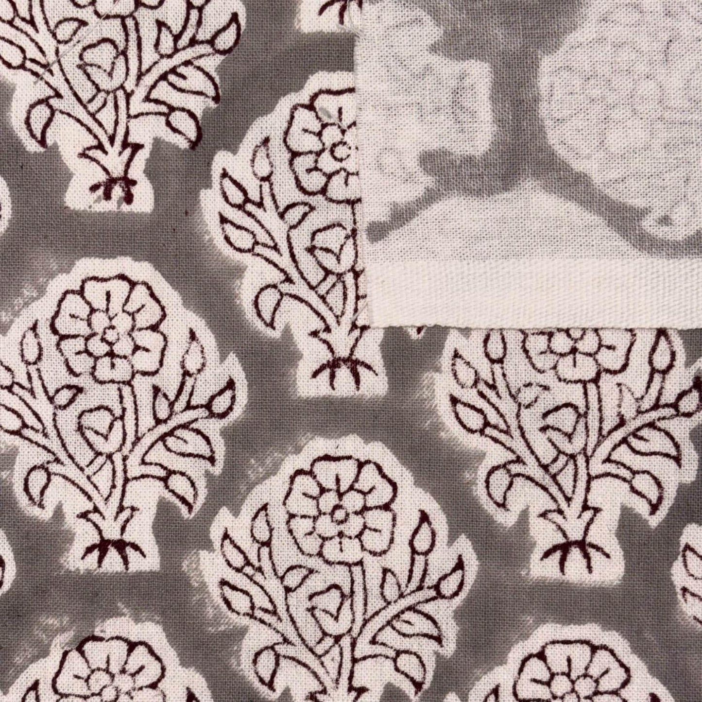 Patterned fabric with floral designs on a gray background