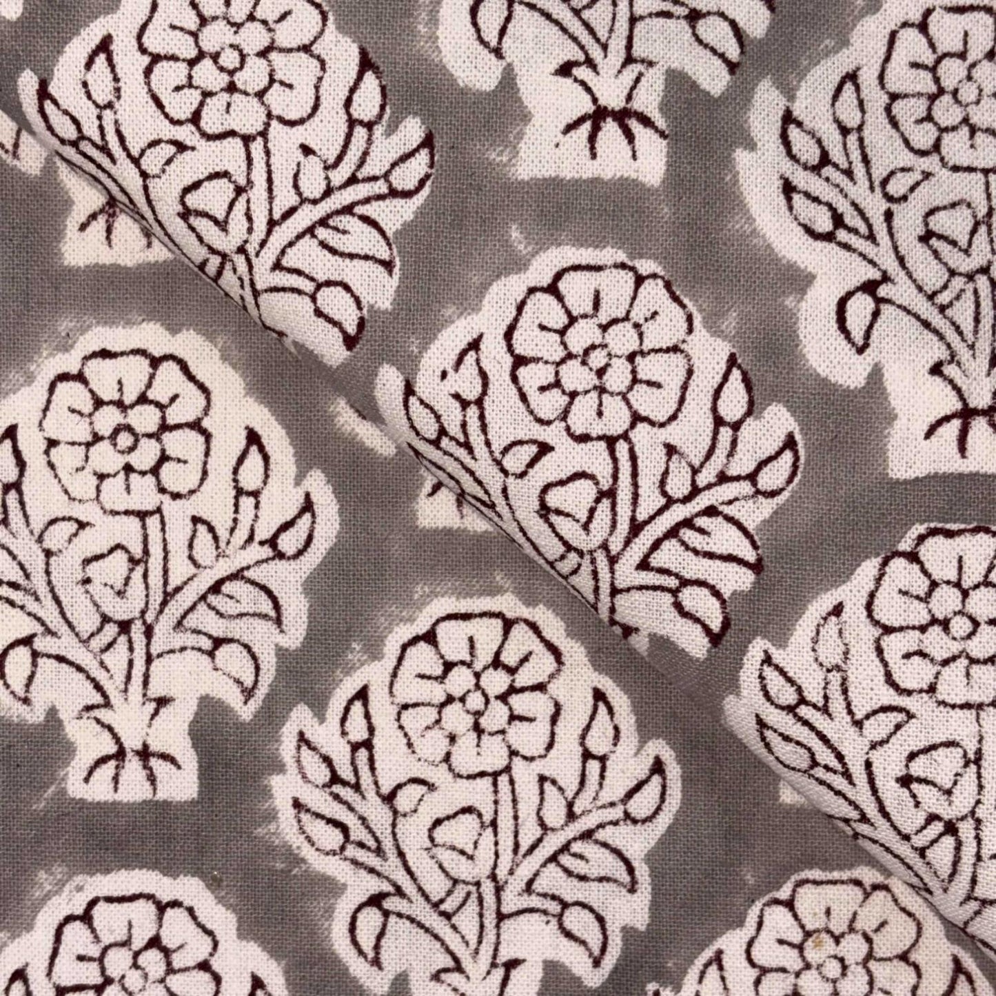 Patterned fabric with floral designs on a gray background