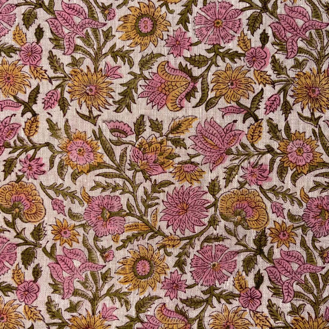 Floral patterned fabric with pink, yellow, and green flowers on a grey background