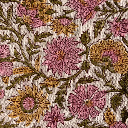 Close-up of floral patterned fabric with pink and yellow flowers.