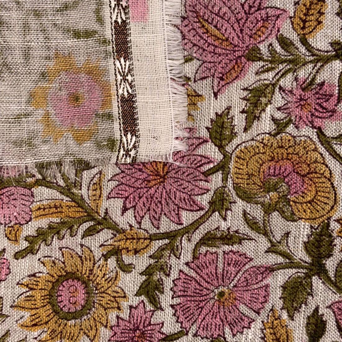 Close-up of floral fabric with pink and yellow flowers on a grey background