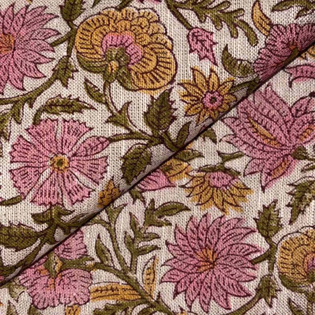 Close-up of floral fabric pattern with pink and yellow flowers on a grey background