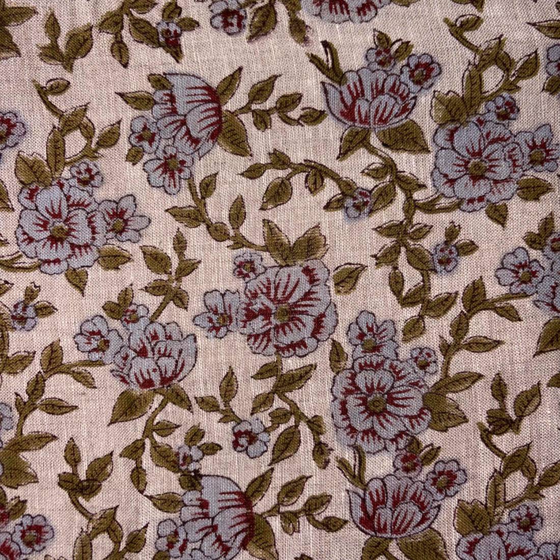 Floral patterned fabric with red and green flowers on a grey background