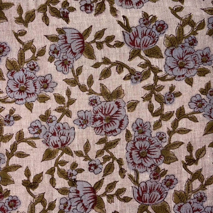 Floral patterned fabric with red and green flowers on a grey background