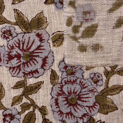 Close-up of floral fabric pattern with brown and purple flowers on a grey background