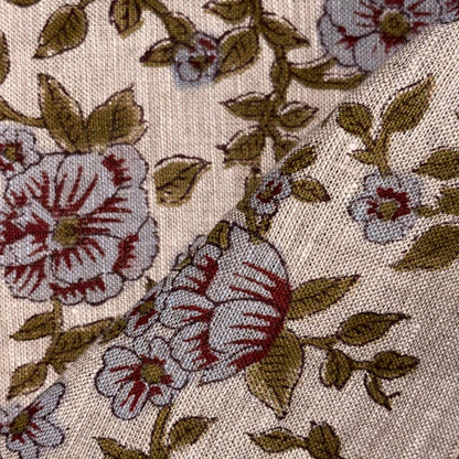 Close-up of floral fabric pattern with red and brown flowers on a beige background