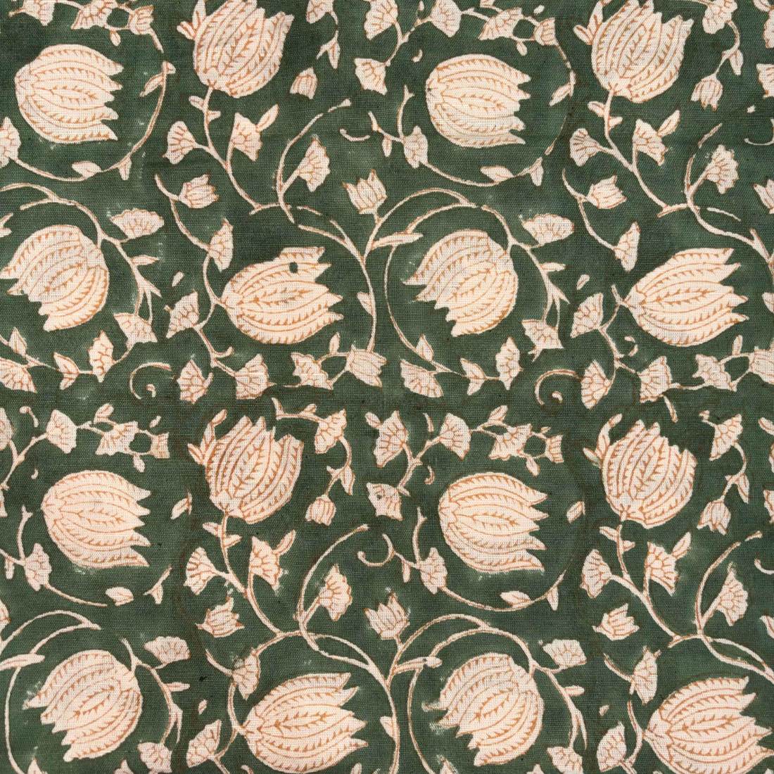 Decorative fabric pattern with beige flowers on a green background