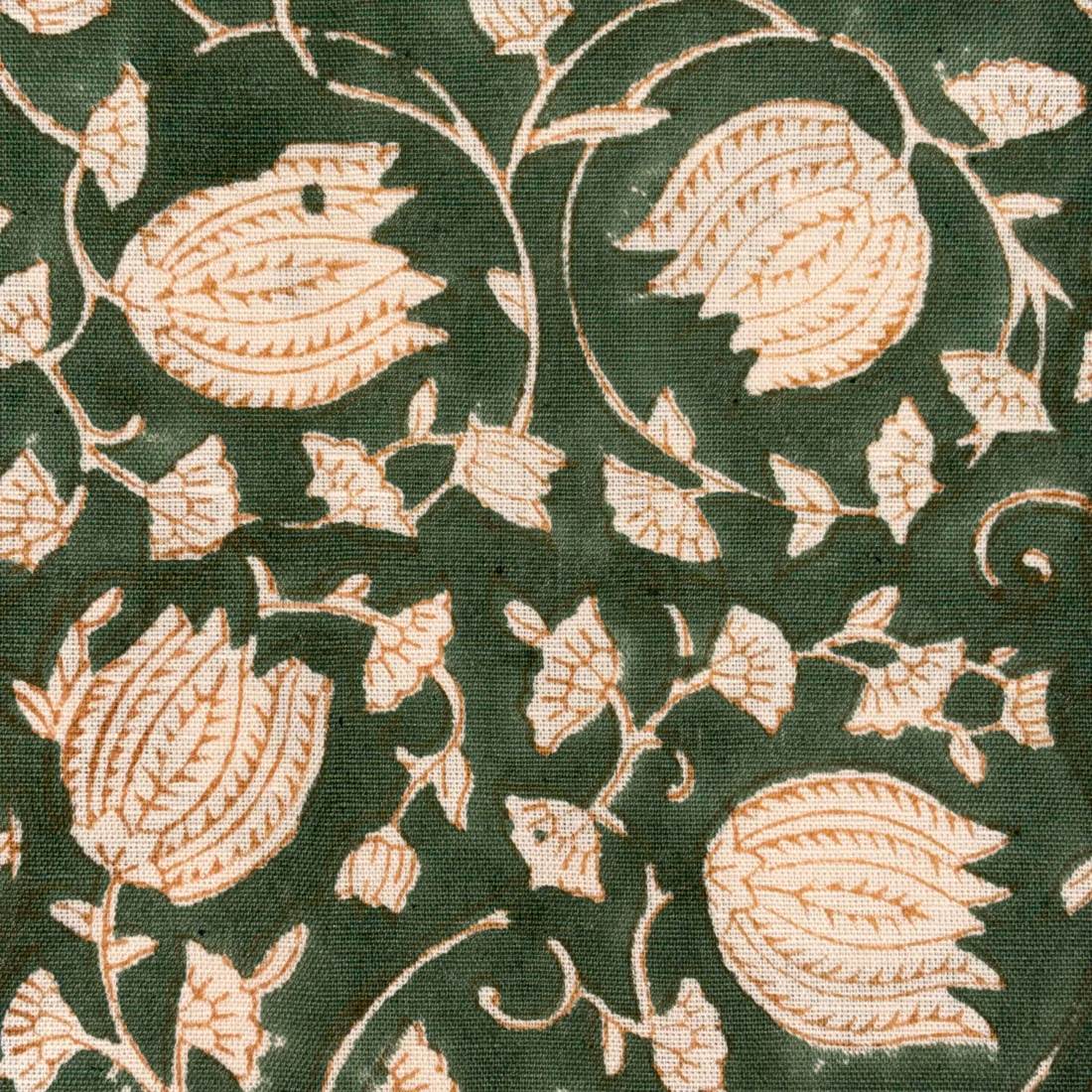 Close-up of floral embroidery on a green fabric background