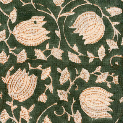 Close-up of floral embroidery on a green fabric background