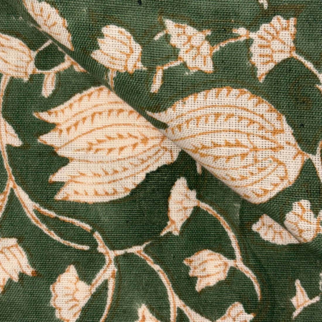 Close-up of floral patterned fabric with green and beige colors