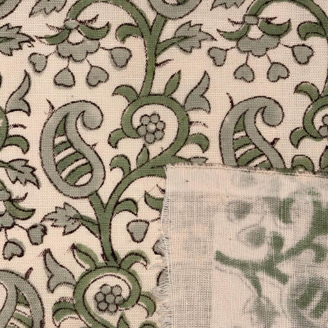 Close-up of green floral and leaf pattern on fabric