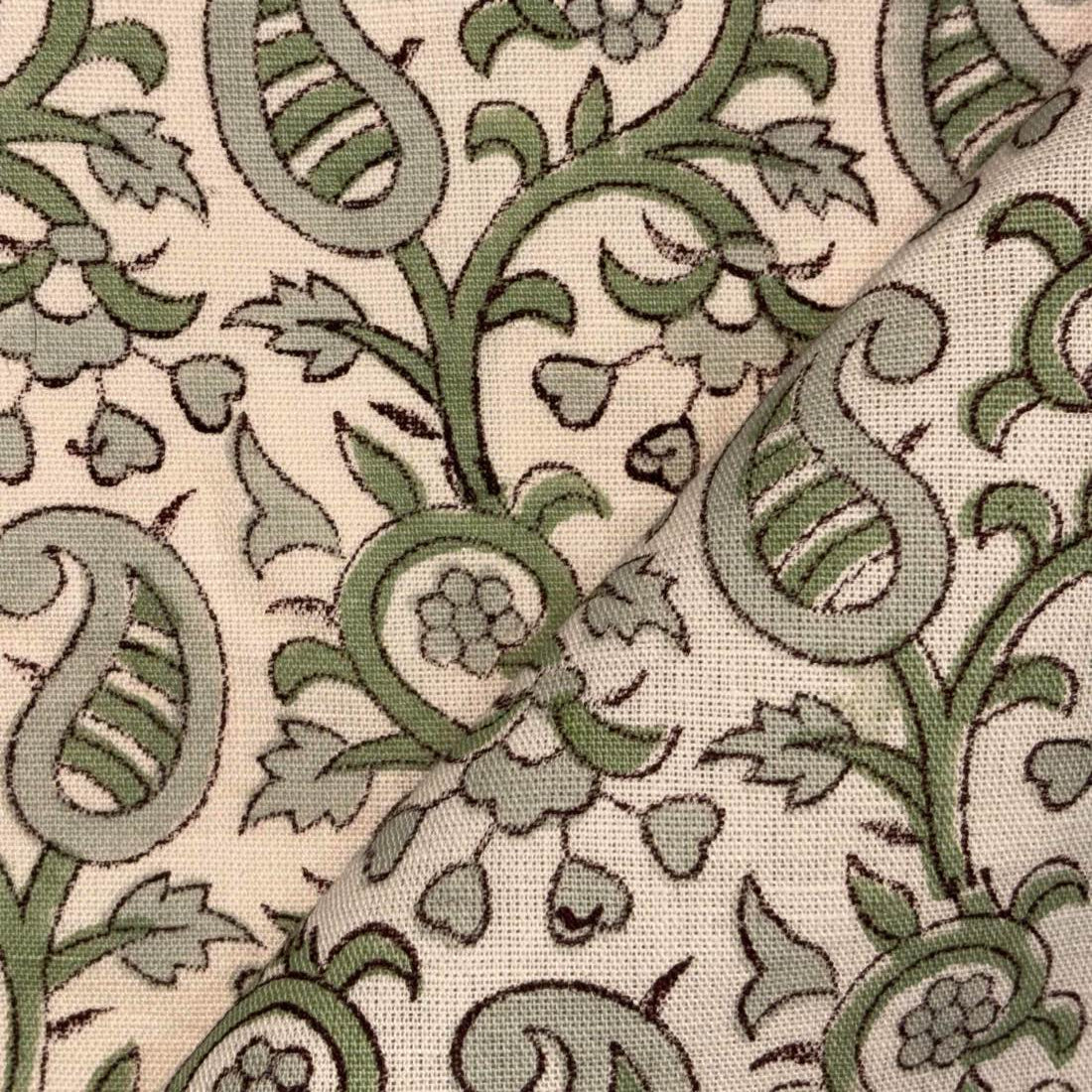 Close-up of green floral pattern on beige fabric