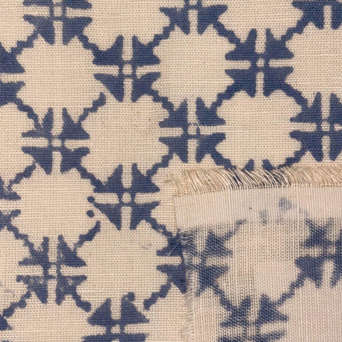 Close-up of a patterned rug with blue and beige design