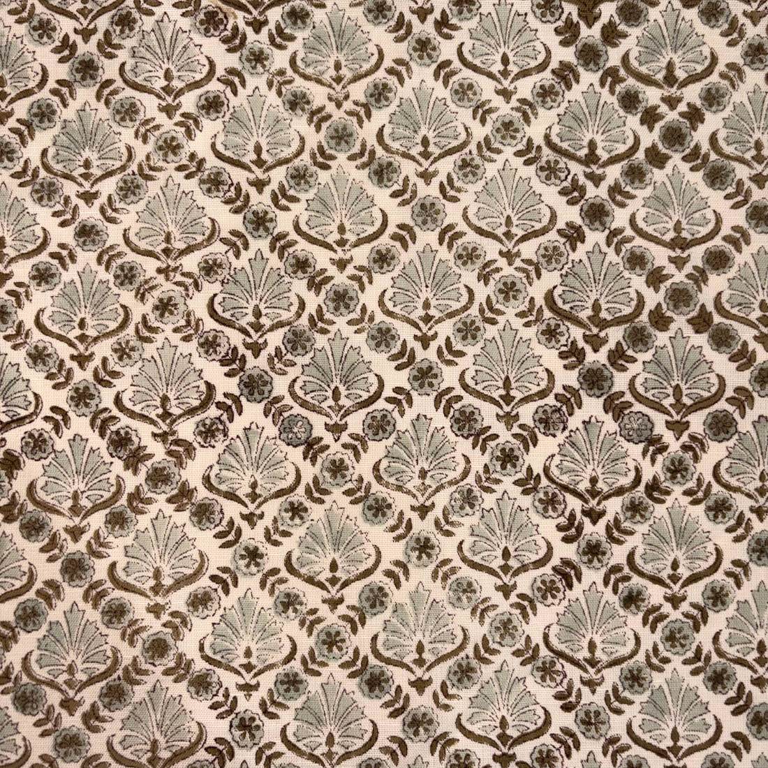Patterned fabric with a repeating design on a beige background
