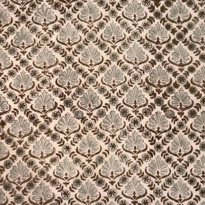 Patterned fabric with a repeating design on a beige background
