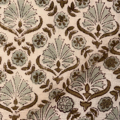 Decorative fabric pattern with floral and leaf designs in brown and green on a beige background