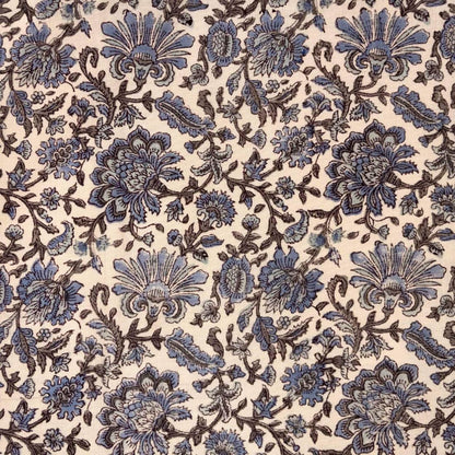 Patterned fabric with blue floral design on a beige background
