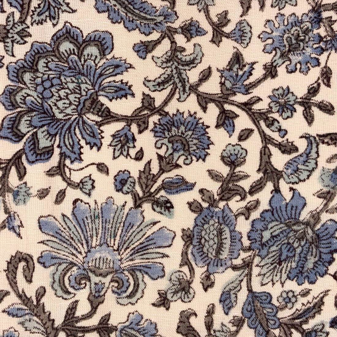 Close-up of a floral pattern with blue flowers on a beige background