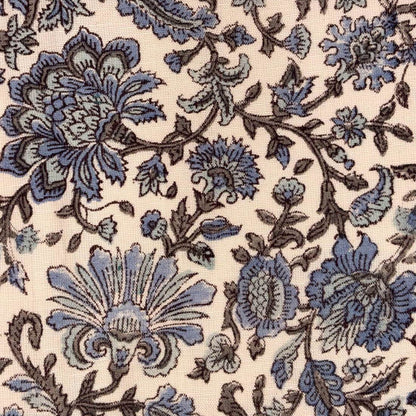 Close-up of a floral pattern with blue flowers on a beige background