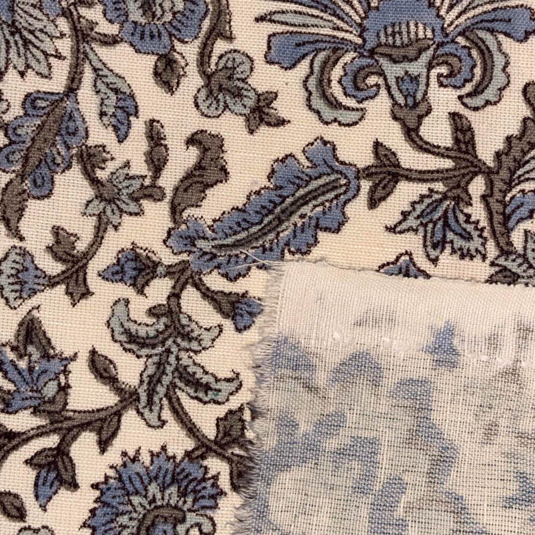 Close-up of floral patterned fabric with blue and brown colors.
